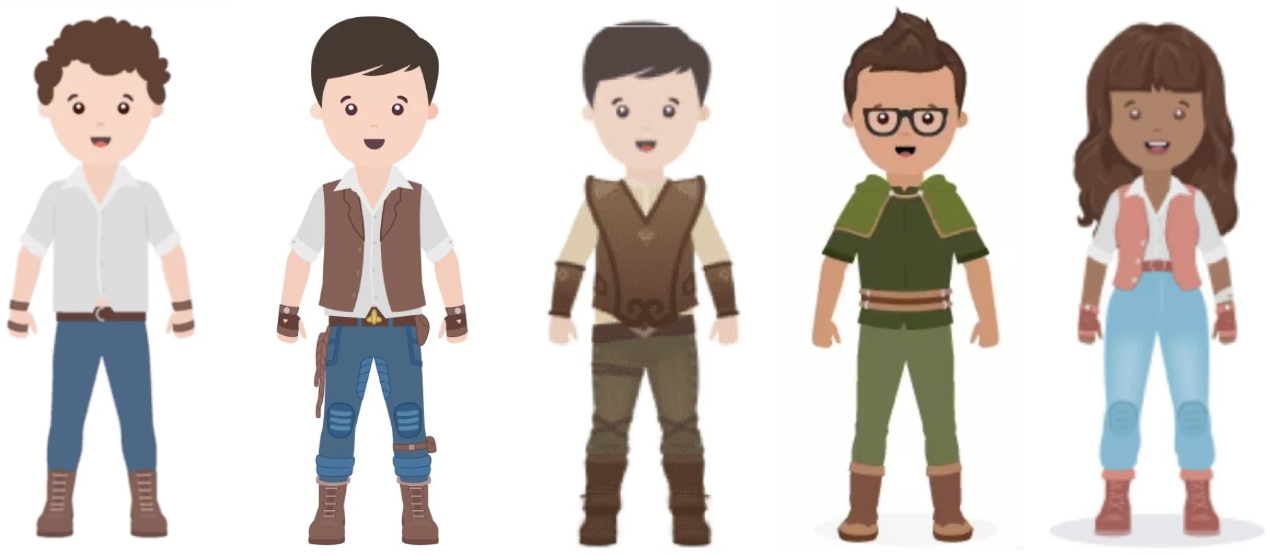 Early sketches: five body silhouettes in the first test set of clothing