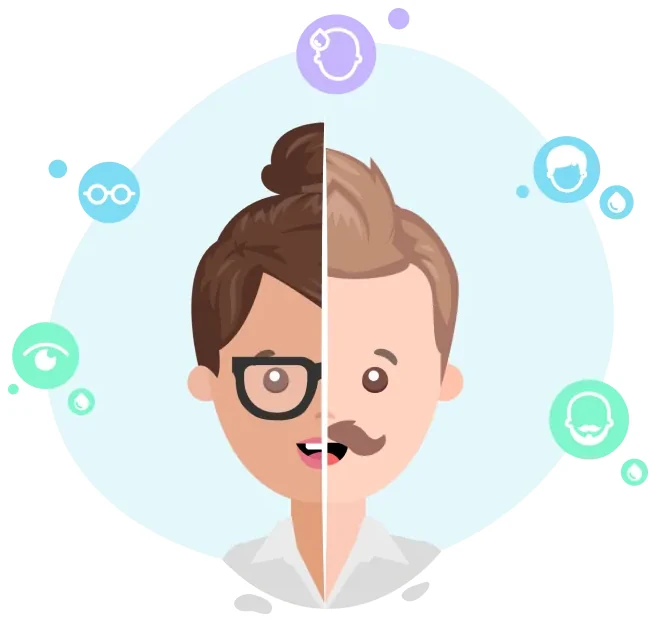 One head split down the middle, ringed by the customisation options: hair, glasses, eyes and facial hair