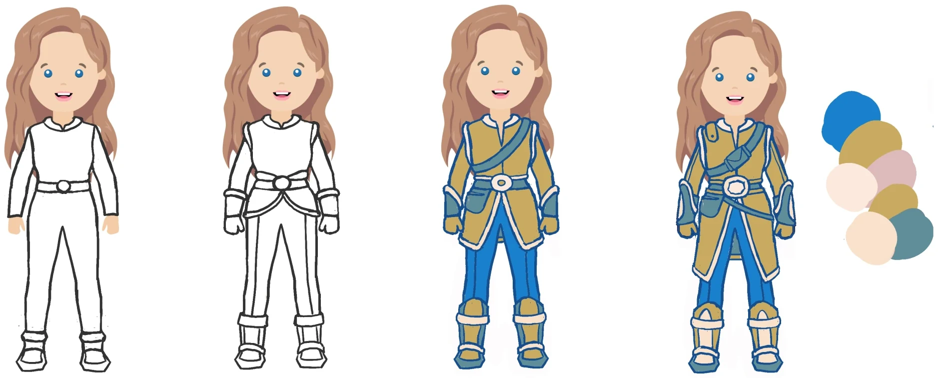 One outfit explored from blank silhouette through to finished armour, with the palette it was drawn from